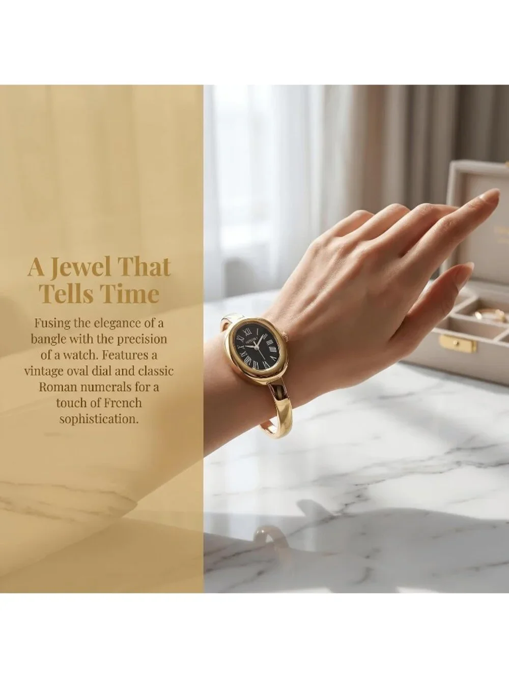 Women's Gold/Black Elegant Open-Cuff Bracelet Roman Numeral Dial Wrist Watches